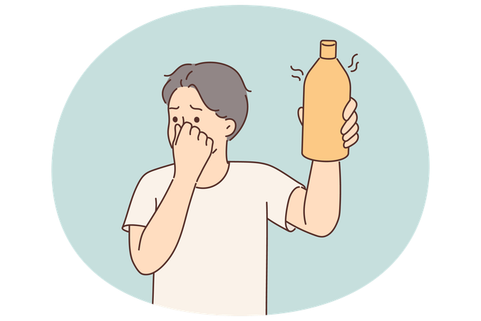 Man covers nose holding bottle of drink or milk that has expired and begun to ferment  Illustration
