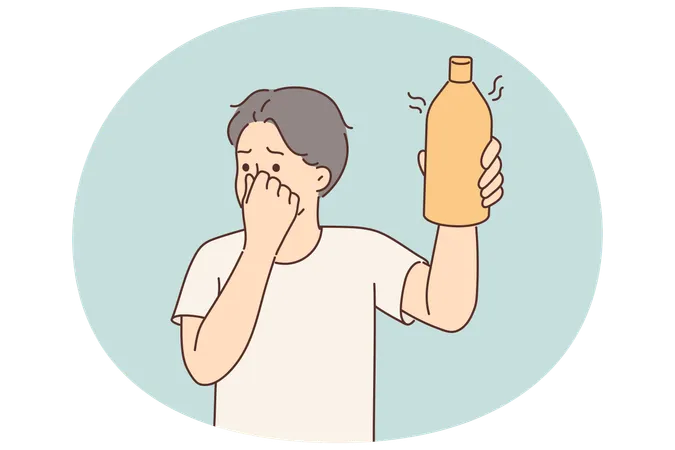 Man covers nose holding bottle of drink or milk that has expired and begun to ferment  Illustration