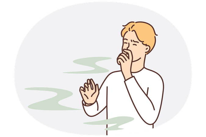 有害な生産物から出る不快な臭いを嗅がないように鼻を覆う男性  イラスト