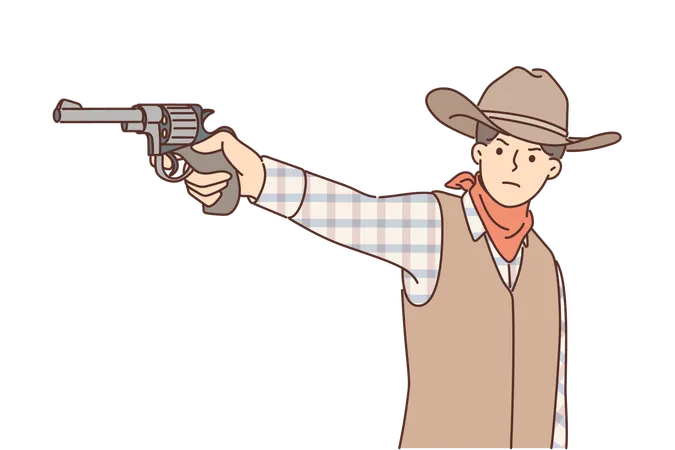 Man cowboy with revolver in hand is dressed in style of resident wild west and aiming at offender  Illustration