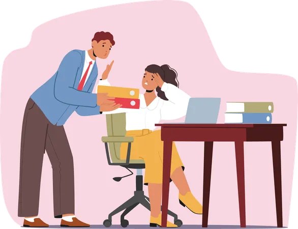 Man coworker demonstrating unwanted attention to woman employee trying to kiss her in office  Illustration