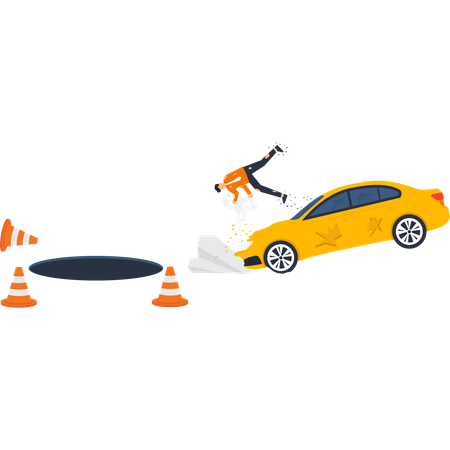 Man crashing car near pot hole  Illustration