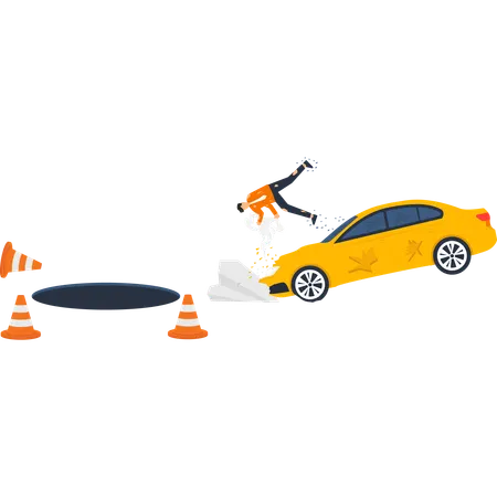 Man crashing car near pot hole  Illustration