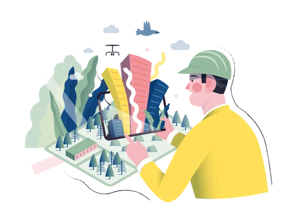 Man creating building plan using VR Tech  Illustration