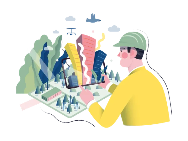 Man creating building plan using VR Tech  Illustration