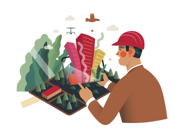 Man creating building plan using VR Tech  Illustration