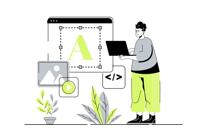 レスポンシブなサイトレイアウトを作成する男性  イラスト
