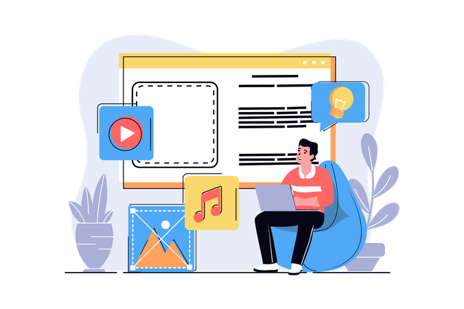 Man creating video and audio content for filling site  Illustration