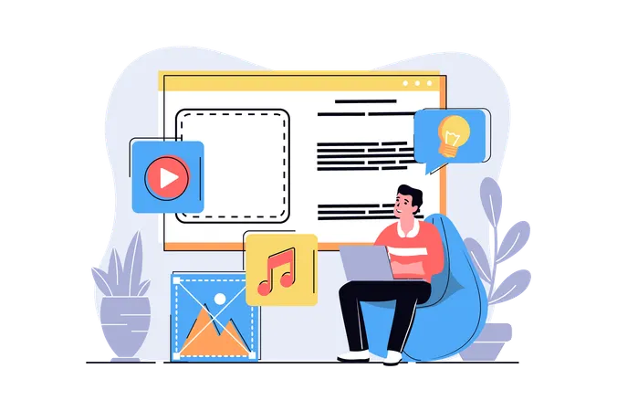 Man creating video and audio content for filling site  Illustration