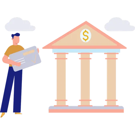 Man Credit Card Standing By Bank  Illustration