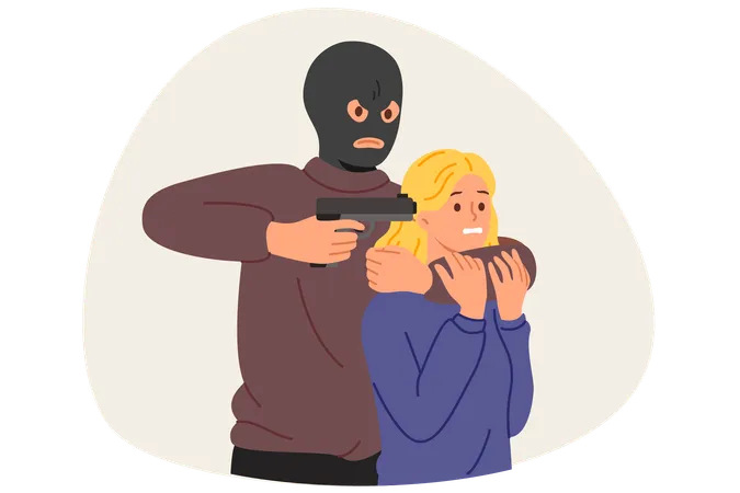 Man Criminal Holds Frightened Girl Hostage Threatening With Gun And Demanding Ransom Or Plane To Airport Criminal Guy With Gun In Hand Threatens Victim To Get Rid Of Police Pursuit Illustration