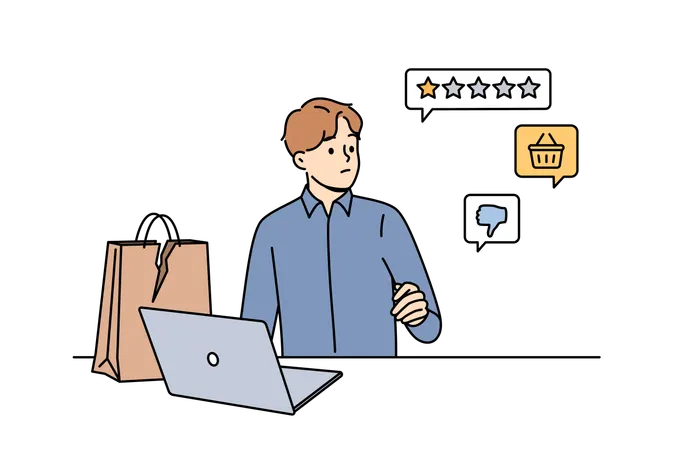 Man critic leaves negative feedback about services received via laptop and websites with ratings  Illustration