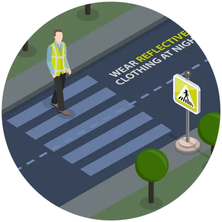 3 D Isometric Flat Vector Illustration Of Safety Crosswalk Crossing Road At Night Illustration