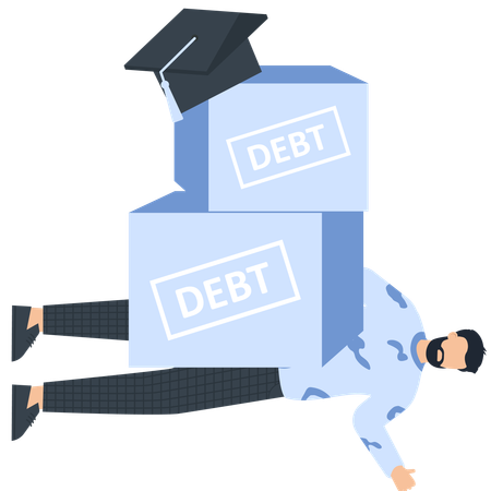 Man Crushed by Boxes Labeled 'Debt' with Graduation Cap  Illustration
