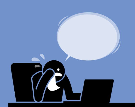 Man crying, weeping, and sobbing with a handkerchief while using the computer  Illustration