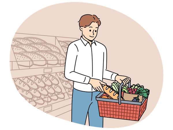 Man customer at grocery supermarket takes bread from shelf and puts it in basket of groceries  Illustration