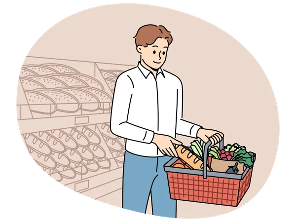 Man customer at grocery supermarket takes bread from shelf and puts it in basket of groceries  Illustration
