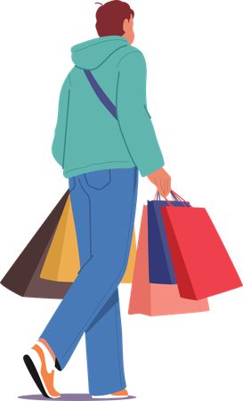 Man customer carrying paper shopping bags in hands walking  Illustration