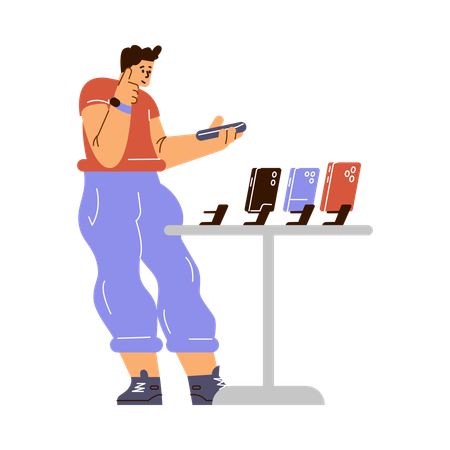 家電量販店でスマートフォンを探している男性客  イラスト