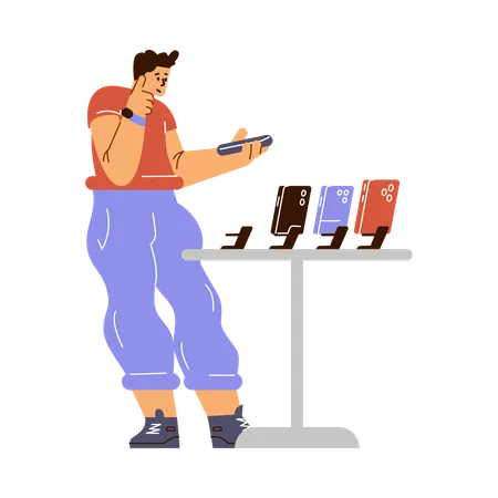 家電量販店でスマートフォンを探している男性客  イラスト