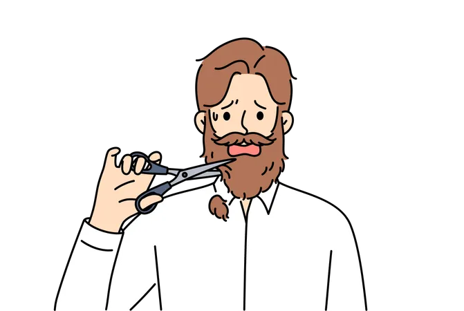 Man Cuts Off Own Beard With Scissors Because Of Appearance Requirements At New Job Adult Depressed Guy Is Stressed Due To Need To Get Rid Of Beard Or Lack Of Money To Go To Barbershop Illustration