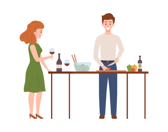 Man cuts vegetables for salad woman drinking wine  Illustration