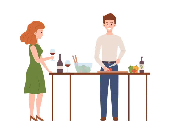 Man cuts vegetables for salad woman drinking wine  Illustration