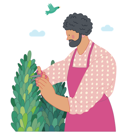 Man cutting a bush with scissors  Illustration