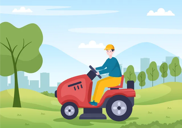 Man Cutting Grass in park  Illustration