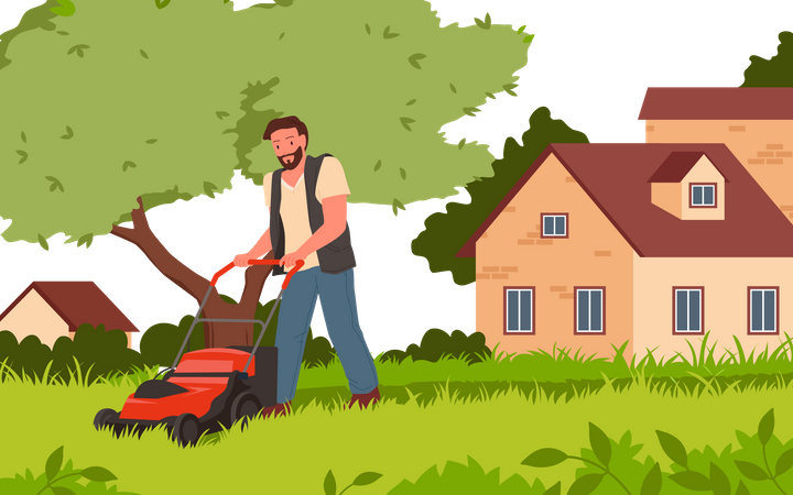 Man cutting grass using Lawn Mower  Illustration