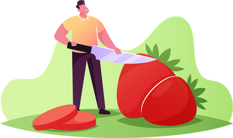 Man Cutting Strawberry Illustration