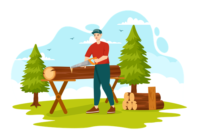 Man cutting timber using hand saw  Illustration