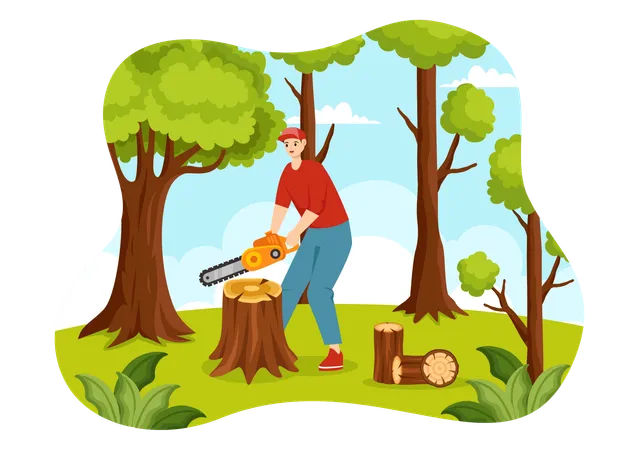 Timber Vector Illustration With Man Chopping Wood And Tree With Lumberjack Work Equipment Machinery Or Chainsaw At Forest In Flat Cartoon Background Illustration