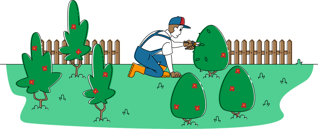 Man cutting trees in garden Illustration