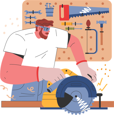 Man cutting wood using electric saw inside garage  Illustration