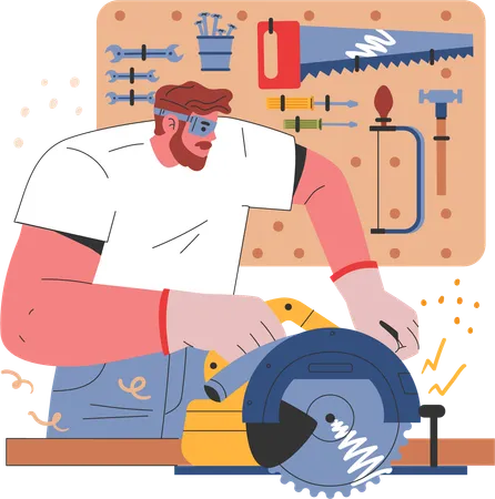 Man cutting wood using electric saw inside garage  Illustration