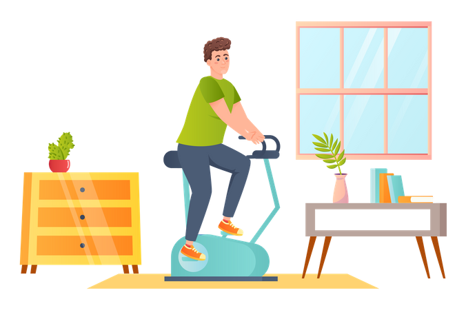 Man cycling inside home doing physical exercise  Illustration