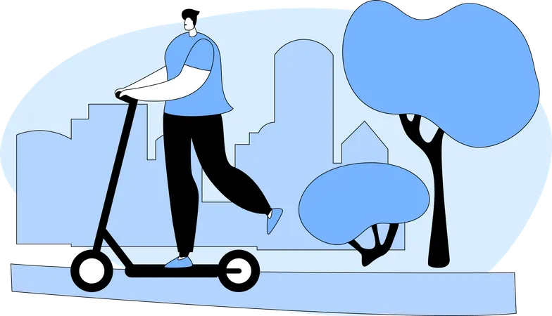 Man Cyclist Riding Push Scooter Illustration