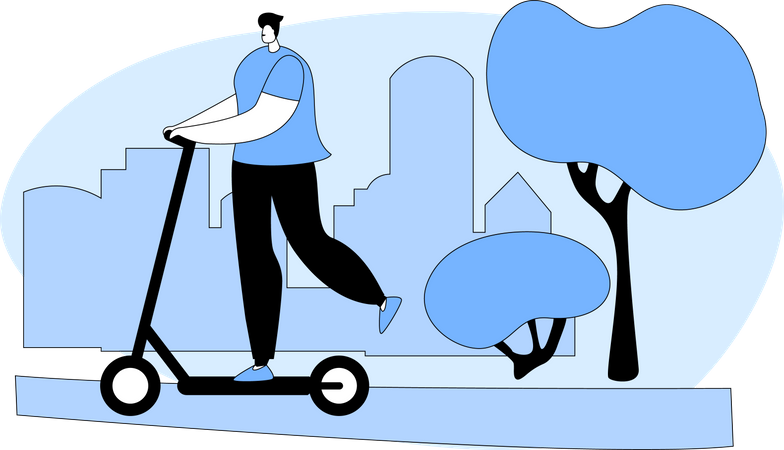 Man Cyclist Riding Push Scooter  Illustration