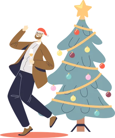 Happy Man Celebrate Christmas Dance And Drink Champagne At Decorated Xmas Tree On Corporate Party For New Year Celebration Winter Holidays Concept Cartoon Flat Vector Illustration Illustration