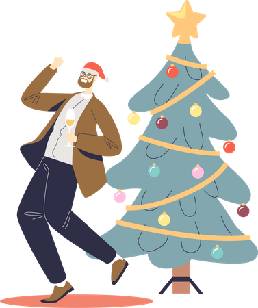 Man dancing and drink champagne at xmas party  Illustration