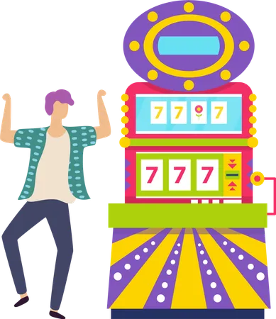 Gambling Man Winning Money In Casino Vector Isolated Man Jumping And Raising Hands Of Luck Sevens 777 Numbers On Screen Flat Style Jackpot Victory Illustration
