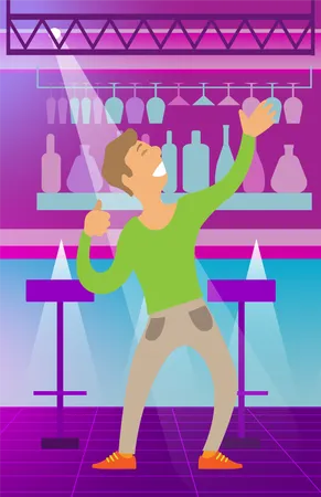 Person Dancing In Club Vector Character With Smile On Face Giving Performance Happy Male Clubbing And Partying Bar With Drinks And Alcohol Bottles Illustration