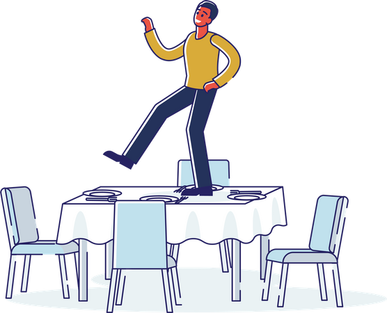 Man dancing on table celebrating achievement  Illustration