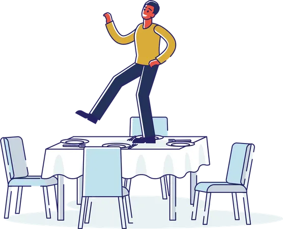 Man Dancing On Table Celebrating Achievement Or Business Success Drunk Cartoon Male Character Dance At Party Or Holiday Event Linear Vector Illustration Illustration