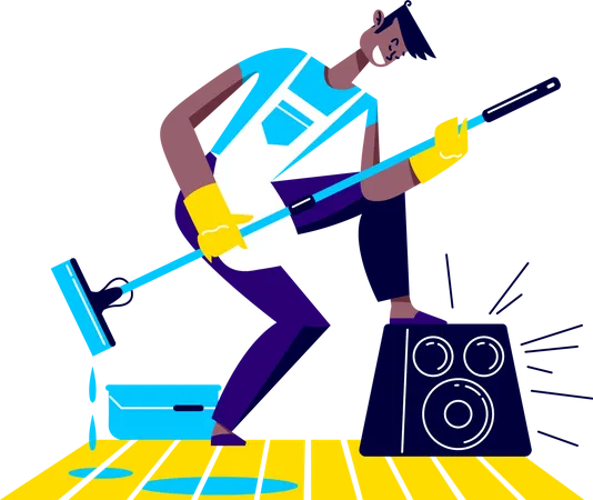 Man dancing while sweeping living room Illustration