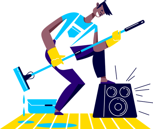 Man dancing while sweeping living room  Illustration