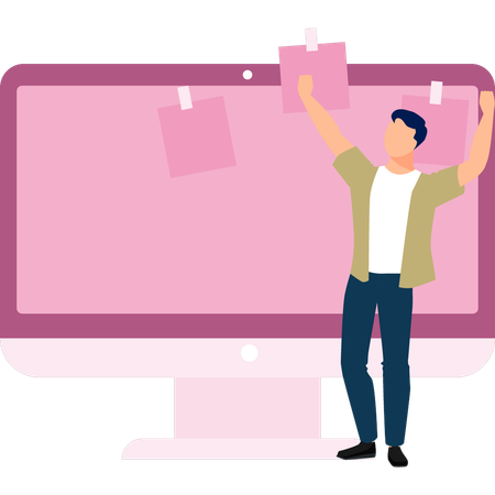 Man dancing with joy and standing in front of monitor  Illustration