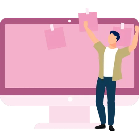 Man dancing with joy and standing in front of monitor  Illustration