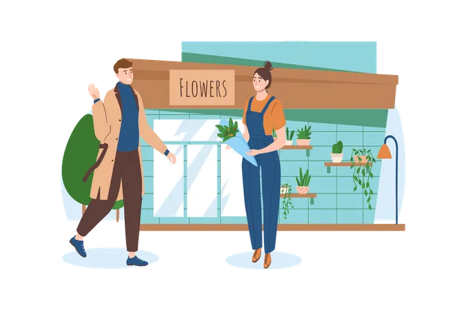 Shop Blue Concept With People Scene In The Flat Cartoon Style Man Decided To Buy A Beautiful Flowers For His Girlfriend Vector Illustration Illustration
